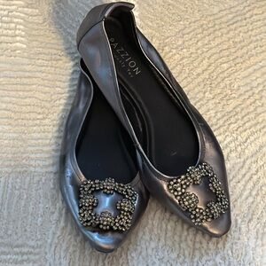 PAZZION Brigette Diamante Embellished Buckle Pointed Toe leather Flats Sz‎ 7